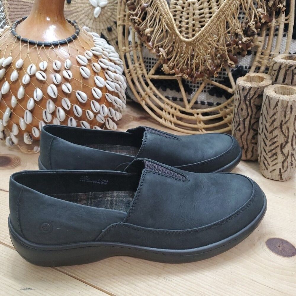 Born Lex Womens 9.5M Width Slip On Loafer Shoes Nubuck Leather Black Comfort EUC